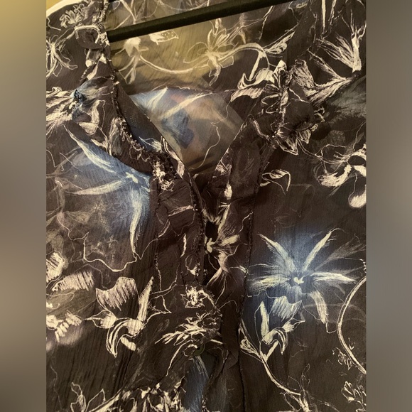 Elie Tahari Verda Black/Blue Floral Sheer Ruffle Silk Blouse Size M - Picture 2 of 7